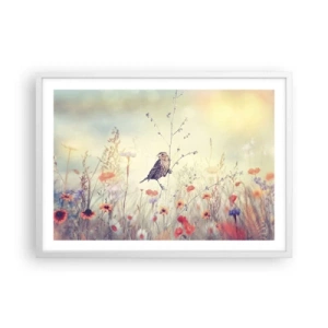 Plakát v bílém rámu - Portrét ptáka s loukou v pozadí - 70x50 cm