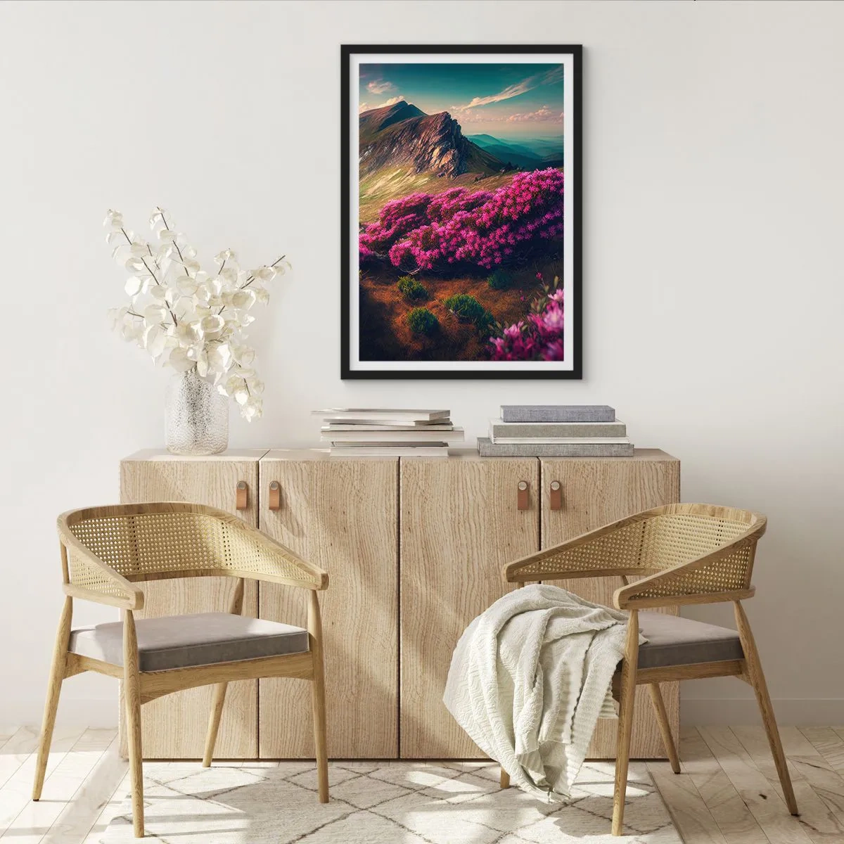 Plakát v černém rámu - Horská krajina s kvetoucími rododendrony - 50x70cm - Léto na horách - Moderní nástěnná dekorace do obývacího pokoje a ložnice ARTTOR