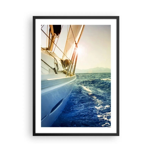 Plakát v černém rámu - Jachta plující klidným mořem v teplém světle slunce - 50x70cm - Za dobrodružstvím - Moderní nástěnná dekorace do obývacího pokoje a ložnice ARTTOR