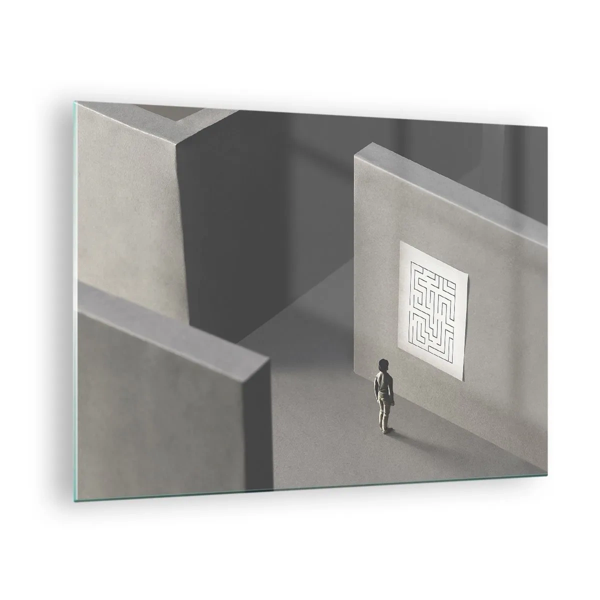 Obraz na skle - Dítě v bludišti se symbolem hádanky - 70x50cm - Kde to ale jsem? - Moderní nástěnná dekorace do obývacího pokoje a ložnice ARTTOR