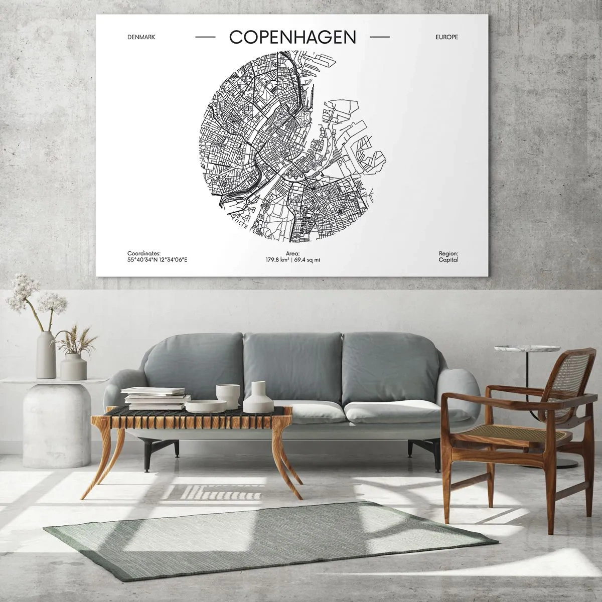 Obraz na skle - Mapa Kodaně ve formě grafického náčrtu ulice - 70x50cm - Anatomie Kodaně - Moderní nástěnná dekorace do obývacího pokoje a ložnice ARTTOR