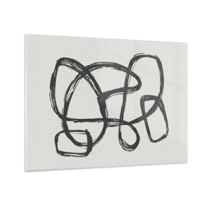 Obraz na skle - Černé smyčky a čáry tvoří abstraktní kompozici na bílém pozadí. - 70x50cm - Abstrakce ve smyčce - Moderní nástěnná dekorace do obývacího pokoje a ložnice ARTTOR