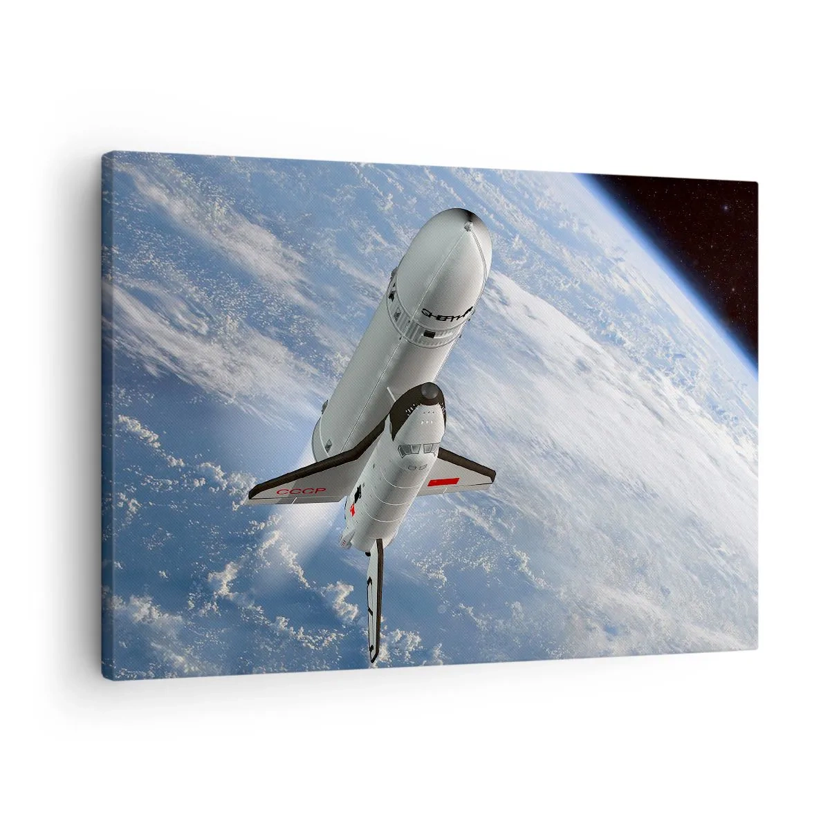 Obraz na plátně - Vesmírná raketa stoupající na pozadí Země - 70x50cm - Vesmírné nanebevstoupení - Moderní nástěnná dekorace do obývacího pokoje a ložnice ARTTOR