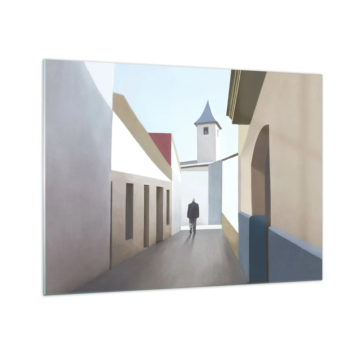 Obraz na skle - Ulice zalitá sluncem s postavou kráčející v dálce - 70x50cm - Slunečná procházka - Moderní nástěnná dekorace do obývacího pokoje a ložnice ARTTOR