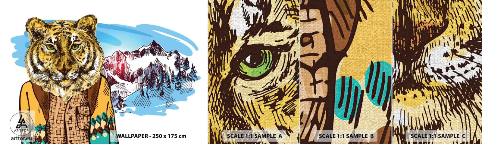 Vzor Fototapety Premium Canvas - Není tak divoký jak ho kreslí - Abstrakce, Tygr, hory - 100x30 cm