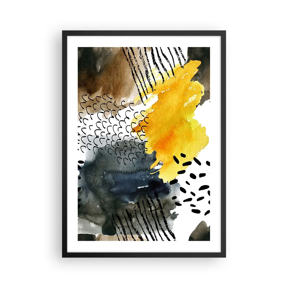 Plakát v černém rámu - Abstraktní kompozice v odstínech žluté a černé - 50x70cm - Setkání živlů - Moderní nástěnná dekorace do obývacího pokoje a ložnice ARTTOR