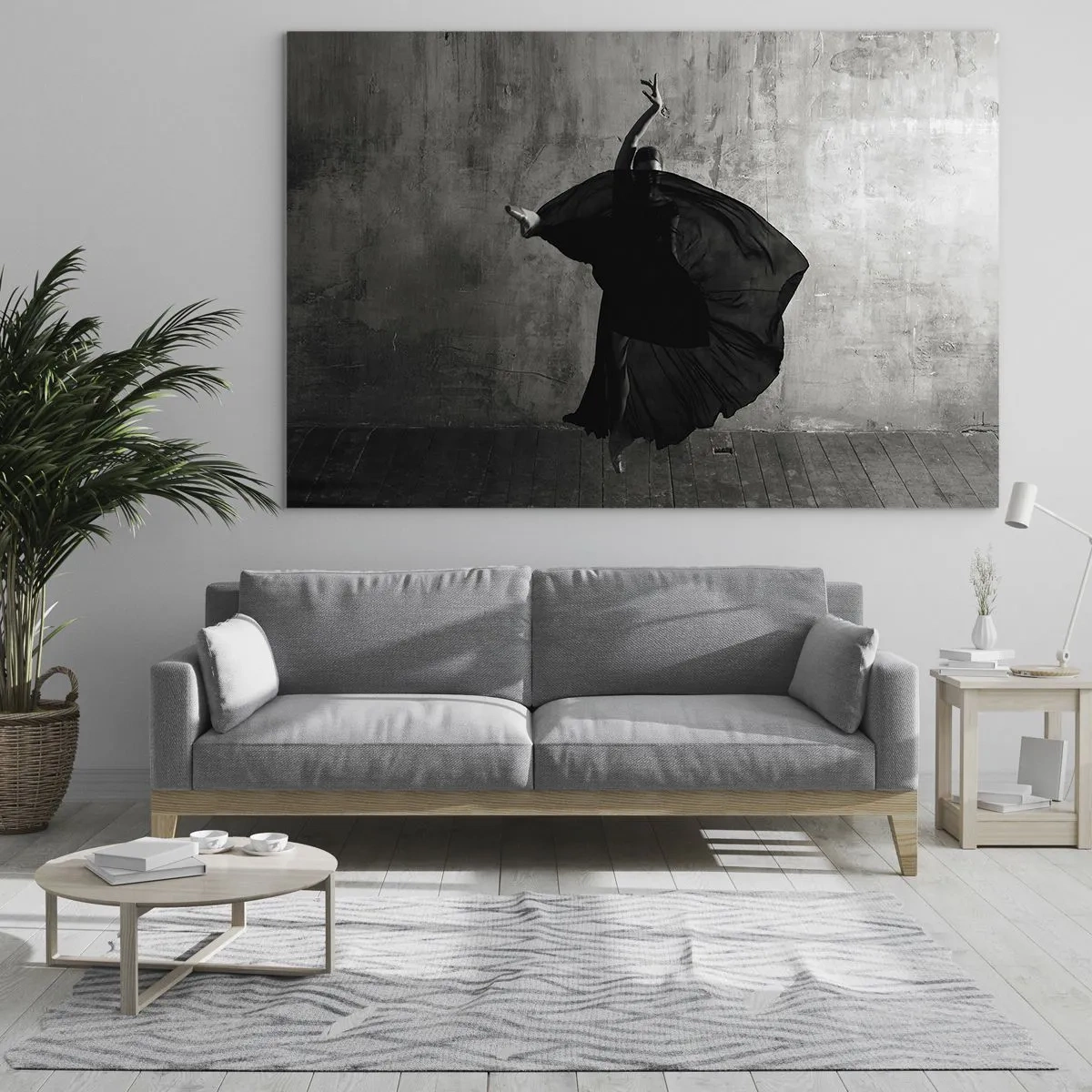 Obraz na skle - Černá a bílá silueta tanečnice v dynamické póze - 70x50cm - Plné vášně - Moderní nástěnná dekorace do obývacího pokoje a ložnice ARTTOR