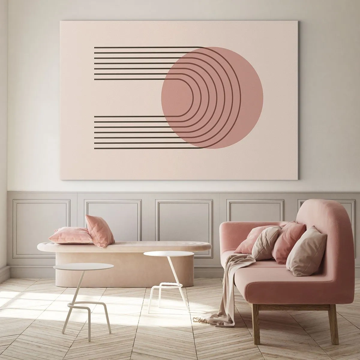 Obraz na skle - Minimalistická geometrická grafika v odstínech béžové - 70x50cm - Neodolatelná přitažlivost - Moderní nástěnná dekorace do obývacího pokoje a ložnice ARTTOR
