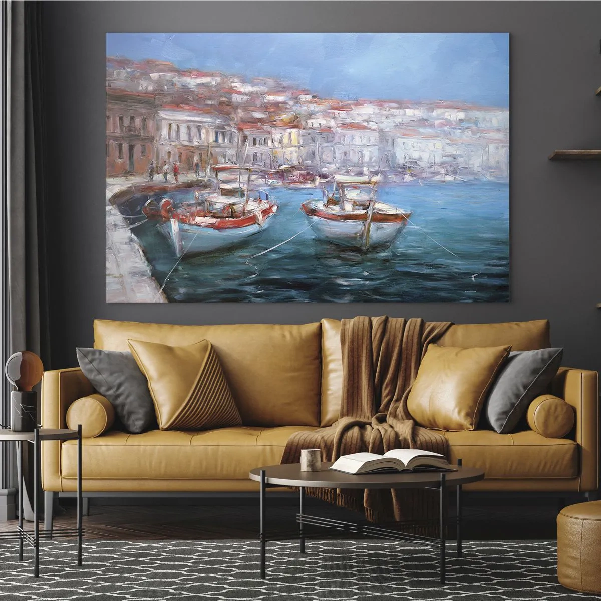 Obraz na skle - Rybářský přístav s loděmi na pozadí italských budov a modré oblohy - 70x50cm - Italský záliv - Moderní nástěnná dekorace do obývacího pokoje a ložnice ARTTOR
