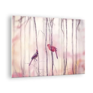 Obraz na skle - Dva ptáci mezi jemnými větvičkami v pastelových tónech - 70x50cm - Příběh růžového lesa - Moderní nástěnná dekorace do obývacího pokoje a ložnice ARTTOR
