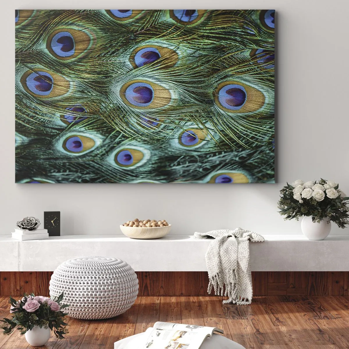 Obraz na plátně - Detaily pavích per v sytých barvách - 70x50cm - Paví pohled - Moderní nástěnná dekorace do obývacího pokoje a ložnice ARTTOR