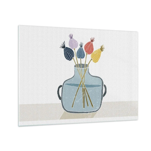 Obraz na skle - Dekorativní makové hlavy ve džbánu v grafickém stylu - 70x50cm - Makové květy - Moderní nástěnná dekorace do obývacího pokoje a ložnice ARTTOR