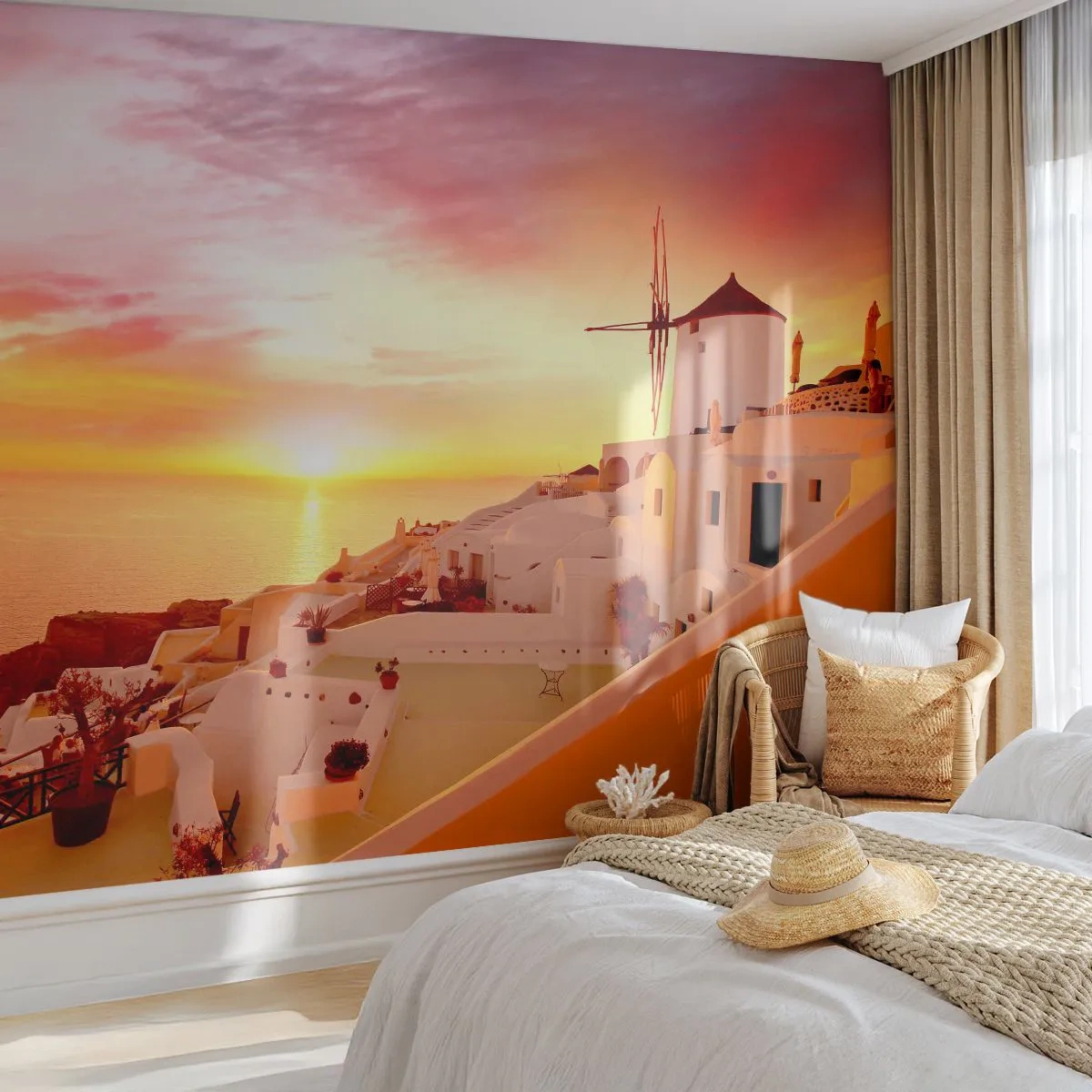Fototapeta Samolepicí Deluxe Sticker - Rozplynout se v bílé a zlaté - Krajina, Santorini, Řecko - 250x175 cm