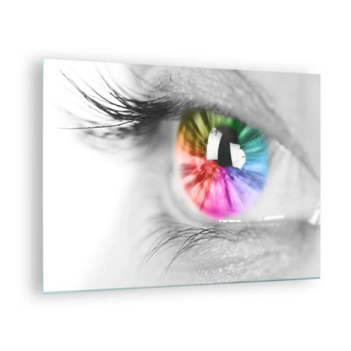 Obraz na skle - Barevné kosatce na černobílém pozadí - 70x50cm - Dívat se na svět barevně - Moderní nástěnná dekorace do obývacího pokoje a ložnice ARTTOR