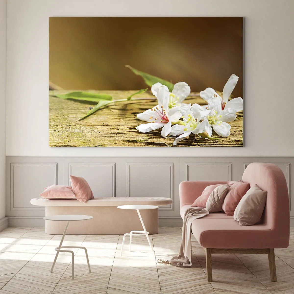 Obraz na skle - Bílé květy na dřevěném pozadí v teplém světle - 70x50cm - Nevinný slib - Moderní nástěnná dekorace do obývacího pokoje a ložnice ARTTOR