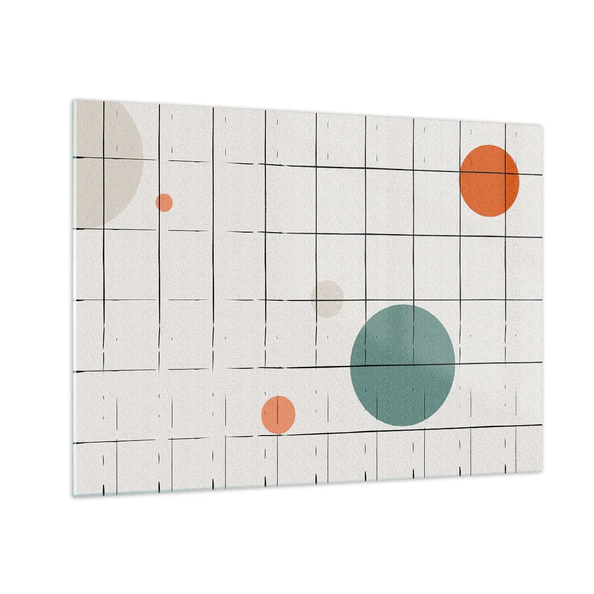 Obraz na skle - Barevné kruhy na geometrické mřížce tenkých čar - 70x50cm - V pasti. My nebo ony? - Moderní nástěnná dekorace do obývacího pokoje a ložnice ARTTOR