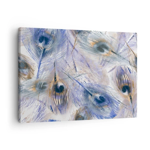 Obraz na plátně - Vzor s pavími pery v odstínech modré a zlaté - 70x50cm - Kompozice pavího oka - Moderní nástěnná dekorace do obývacího pokoje a ložnice ARTTOR