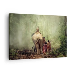 Obraz na plátně - Děti se slonem v zeleném lese v ranním světle - 70x50cm - Nová Kniha džunglí - Moderní nástěnná dekorace do obývacího pokoje a ložnice ARTTOR