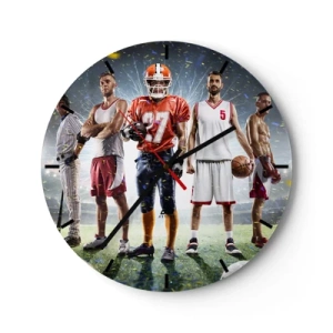 Nástěnné hodiny - Skupina sportovců na pozadí stadionu osvětleného reflektory - 30x30cm - Gladiátoři arén - Moderní nástěnná dekorace do obývacího pokoje, kuchyně a ložnice ARTTOR