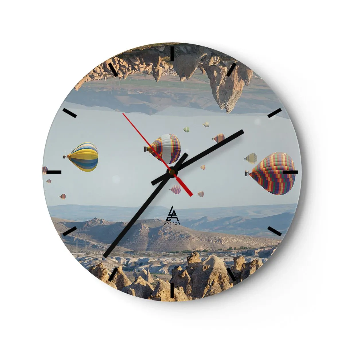 Nástěnné hodiny - Balóny proti horské krajině - 30x30cm - Zde je možné vše - Moderní nástěnná dekorace do obývacího pokoje, kuchyně a ložnice ARTTOR