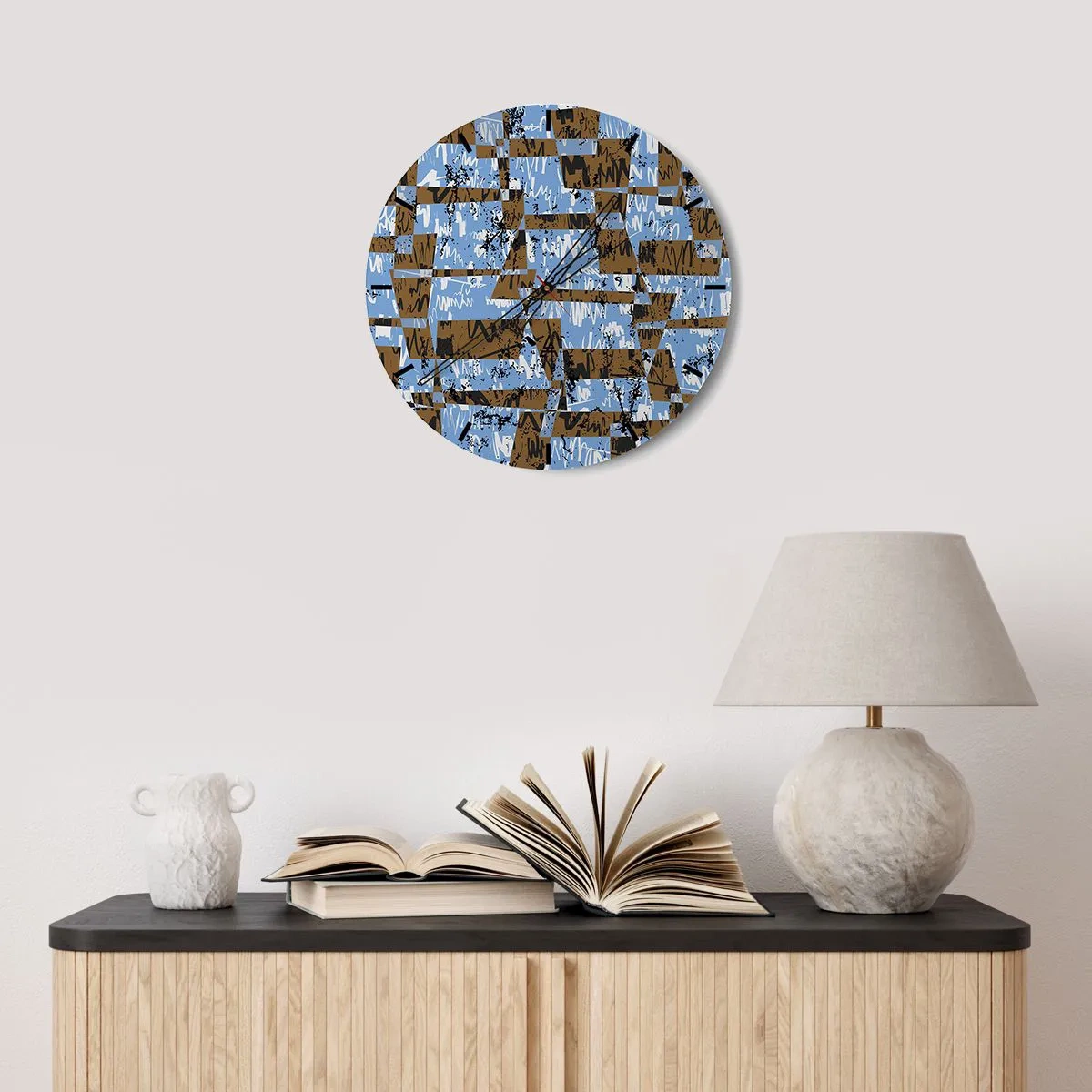 Nástěnné hodiny - Geometrické vzory v odstínech modré a hnědé - 30x30cm - Nelidová vystřihovánka - Moderní nástěnná dekorace do obývacího pokoje, kuchyně a ložnice ARTTOR