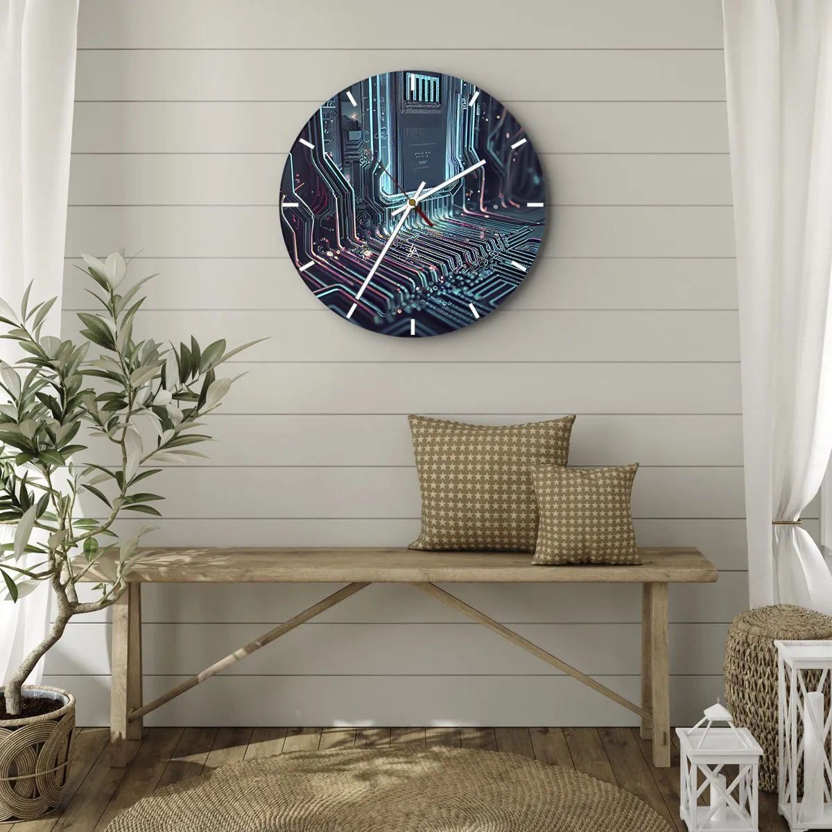 Nástěnné hodiny - Detail neonového, futuristicky vypadajícího integrovaného obvodu - 30x30cm - Jen tak přemýšlím… - Moderní nástěnná dekorace do obývacího pokoje, kuchyně a ložnice ARTTOR