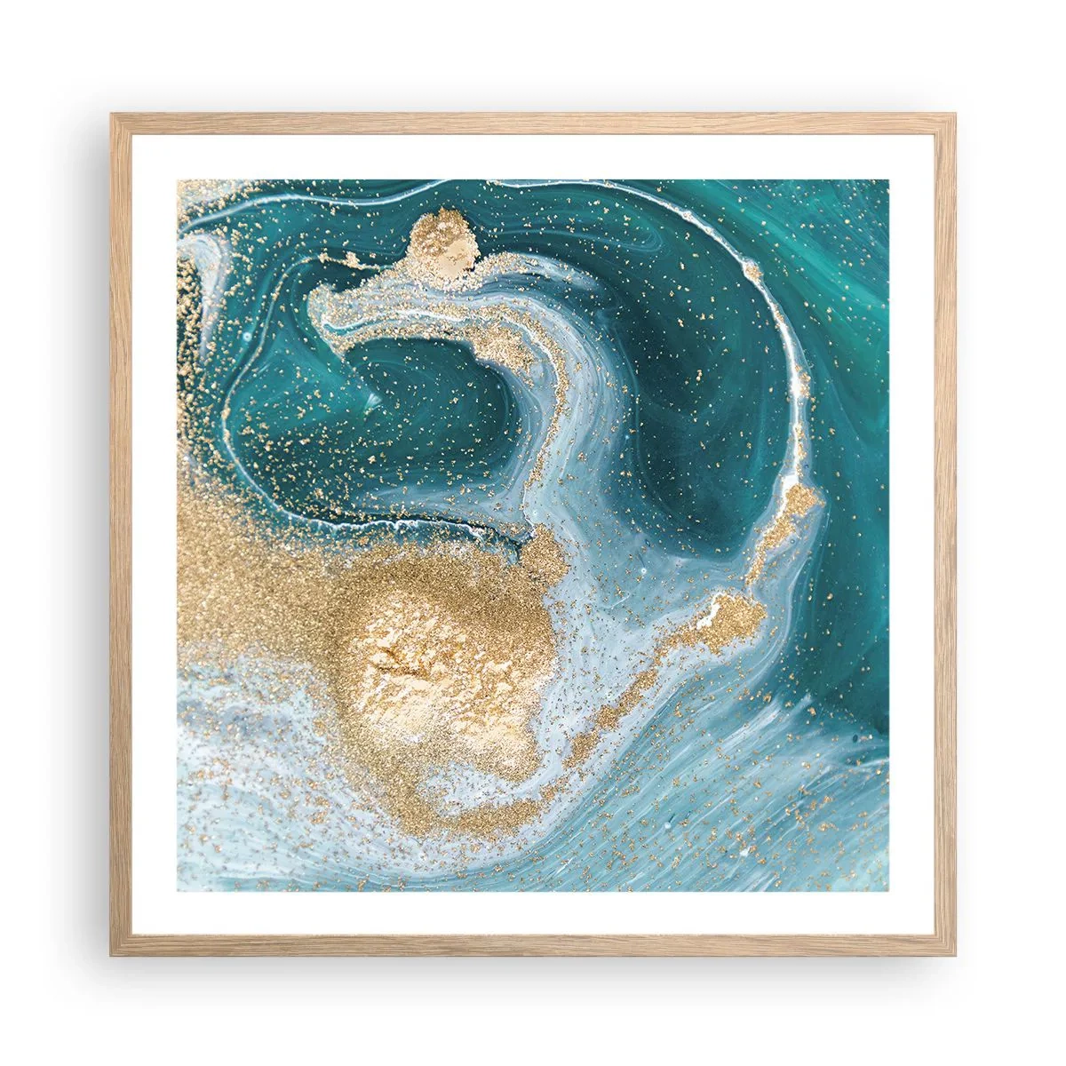 Plakát v rámu světlý dub - Vír zlaté a tyrkysové - 60x60 cm