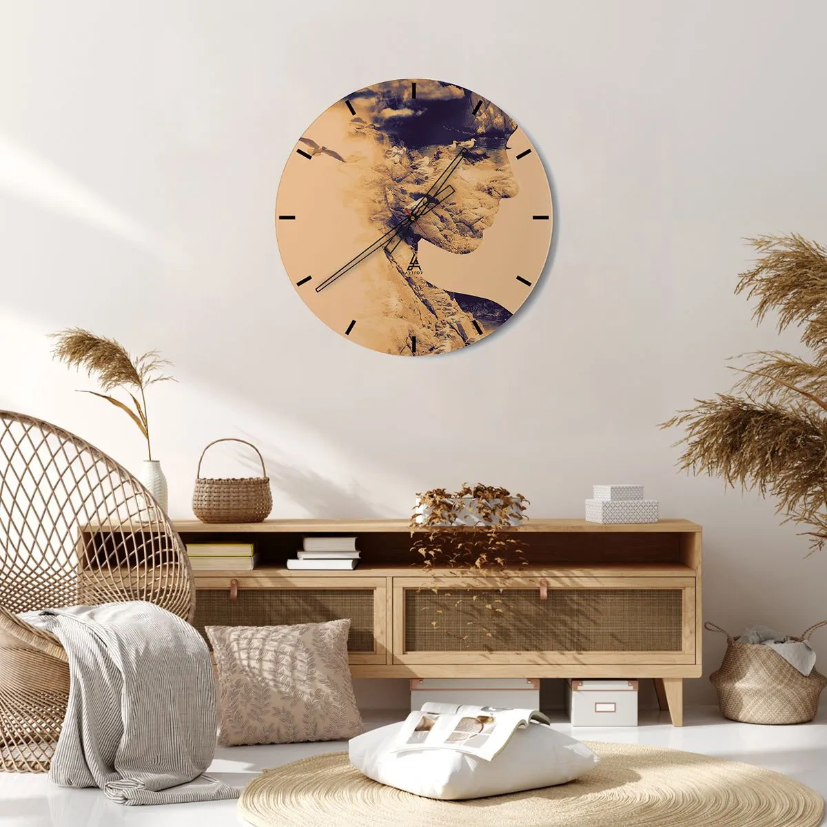 Nástěnné hodiny - Umělecký profil obličeje s krajinou a racky - 30x30cm - Krásná od přírody - Moderní nástěnná dekorace do obývacího pokoje, kuchyně a ložnice ARTTOR