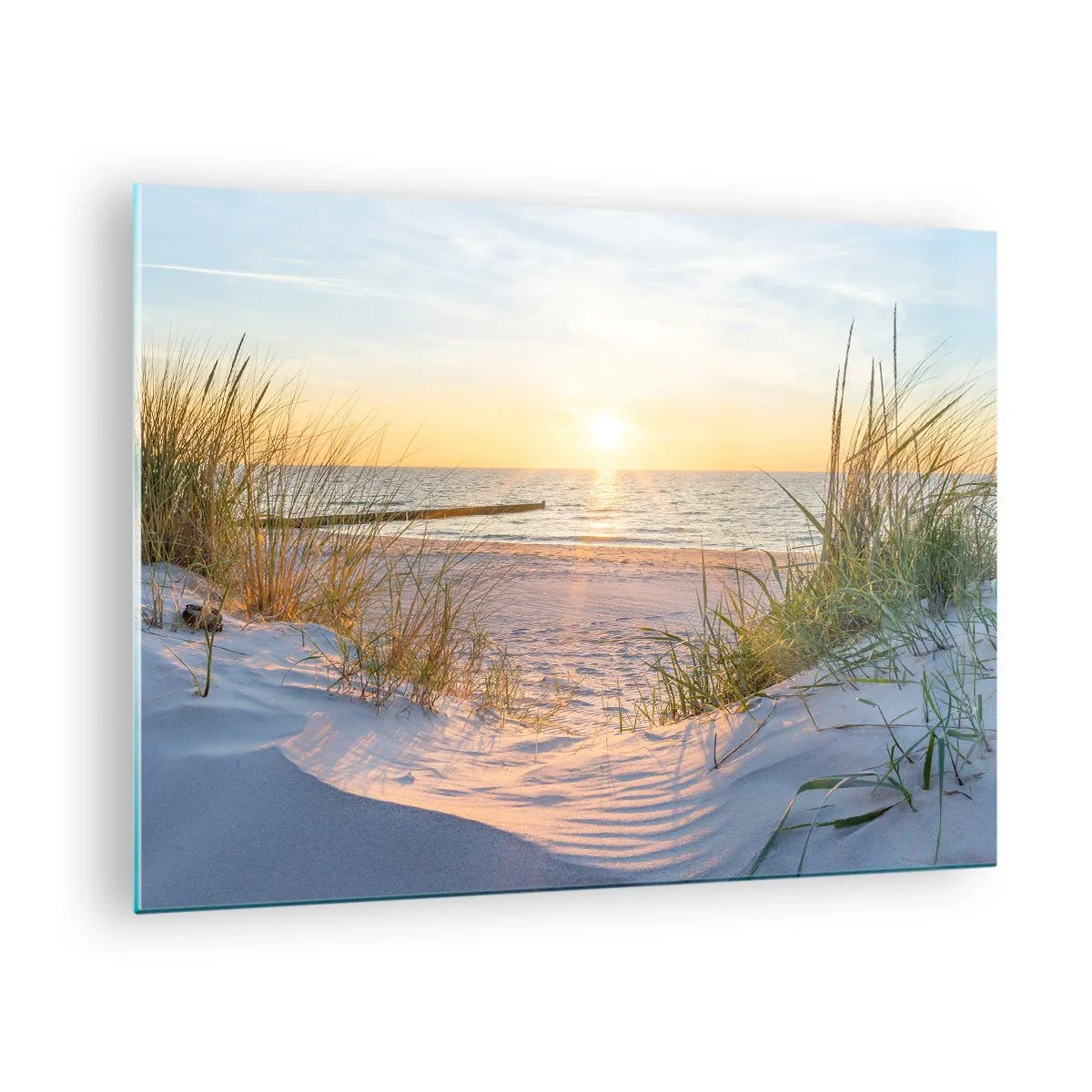Obraz na skle - Pláž při západu slunce s výhledem na moře a dunové trávy - 70x50cm - Šumění moře, zpěv ptáků, divoká pláž uprostřed trávy… - Moderní nástěnná dekorace do obývacího pokoje a ložnice ARTTOR