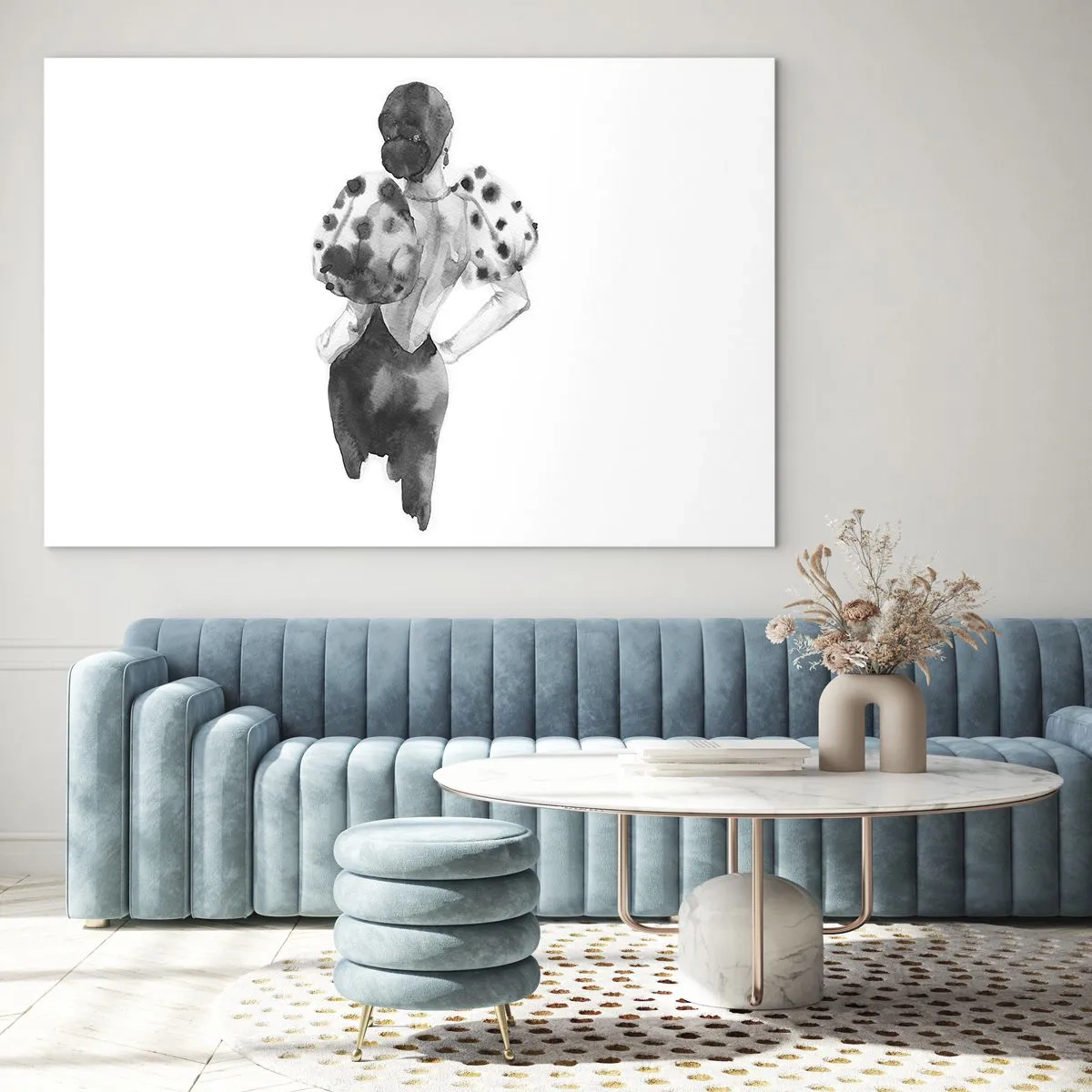 Obraz na skle - Černá a bílá silueta ženy v elegantním oblečení - 70x50cm - Prošla kolem - Moderní nástěnná dekorace do obývacího pokoje a ložnice ARTTOR