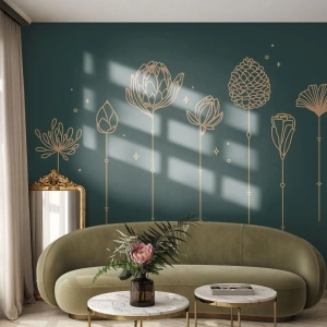 Fototapeta Standard Eco - Zlaté bylinky na tmavě zeleném pozadí v lineárním stylu. - 100x70cm - Bylinky - Moderní nástěnná dekorace do obývacího pokoje a ložnice ARTTOR