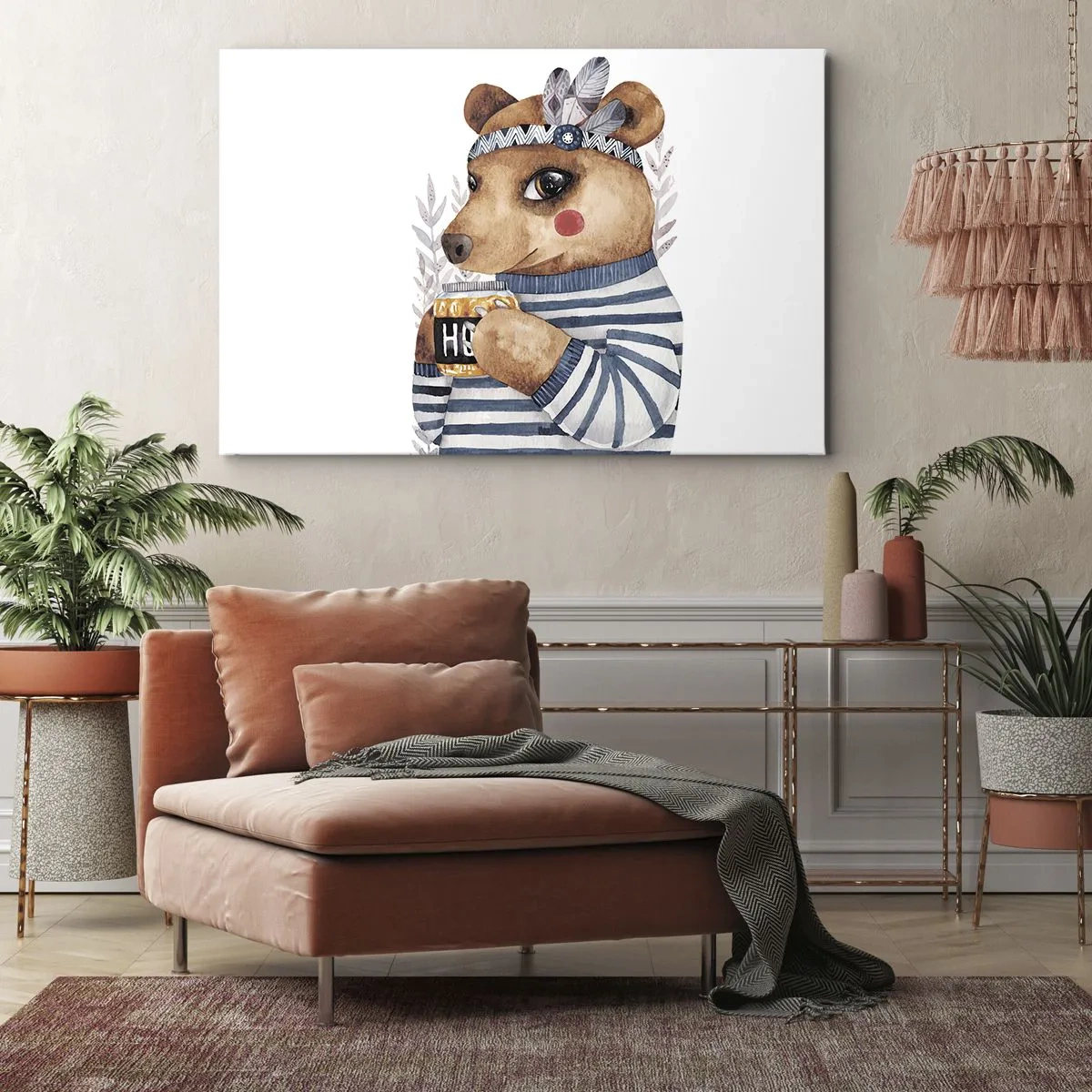 Obraz na plátně - Medvídek v pruhovaném svetru s hrnkem medu - 70x50cm - Sladký medvídek - Moderní nástěnná dekorace do obývacího pokoje a ložnice ARTTOR