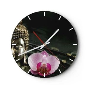 Nástěnné hodiny - Buddhova postava s orchidejí v orientálním stylu - 30x30cm - Soulad moudrosti a krásy - Moderní nástěnná dekorace do obývacího pokoje, kuchyně a ložnice ARTTOR