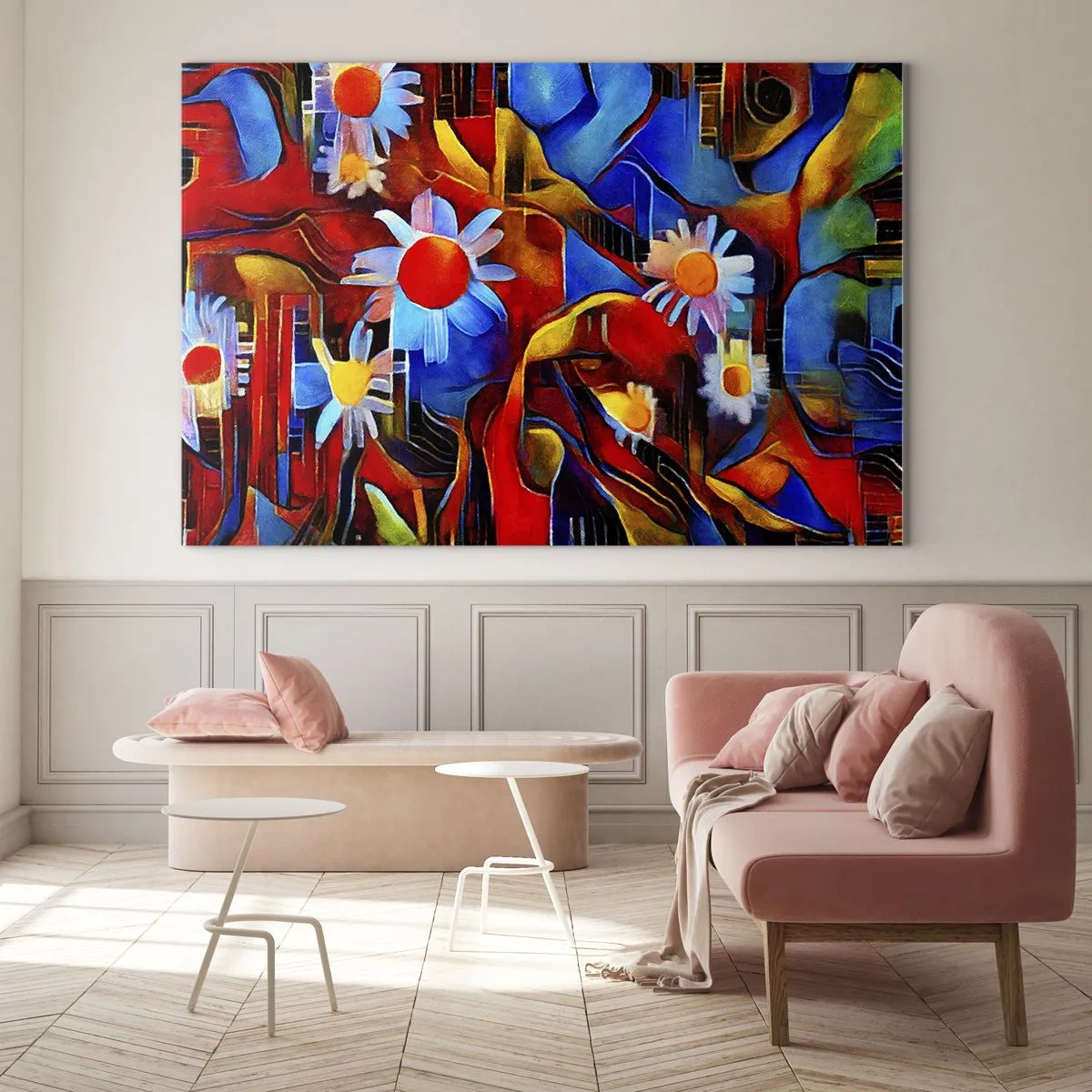 Obraz na skle - Barevné abstraktní květiny na pozadí intenzivních barev - 70x50cm - Barvy života - Moderní nástěnná dekorace do obývacího pokoje a ložnice ARTTOR