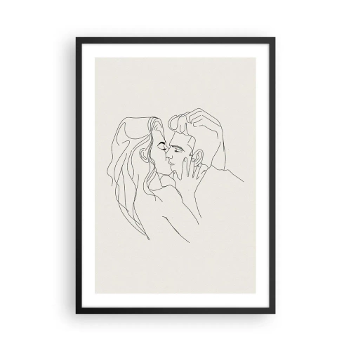 Plakát v černém rámu - Minimalistická kresba zamilovaného páru jemnými liniemi. - 50x70cm - Zamotaní citem - Moderní nástěnná dekorace do obývacího pokoje a ložnice ARTTOR