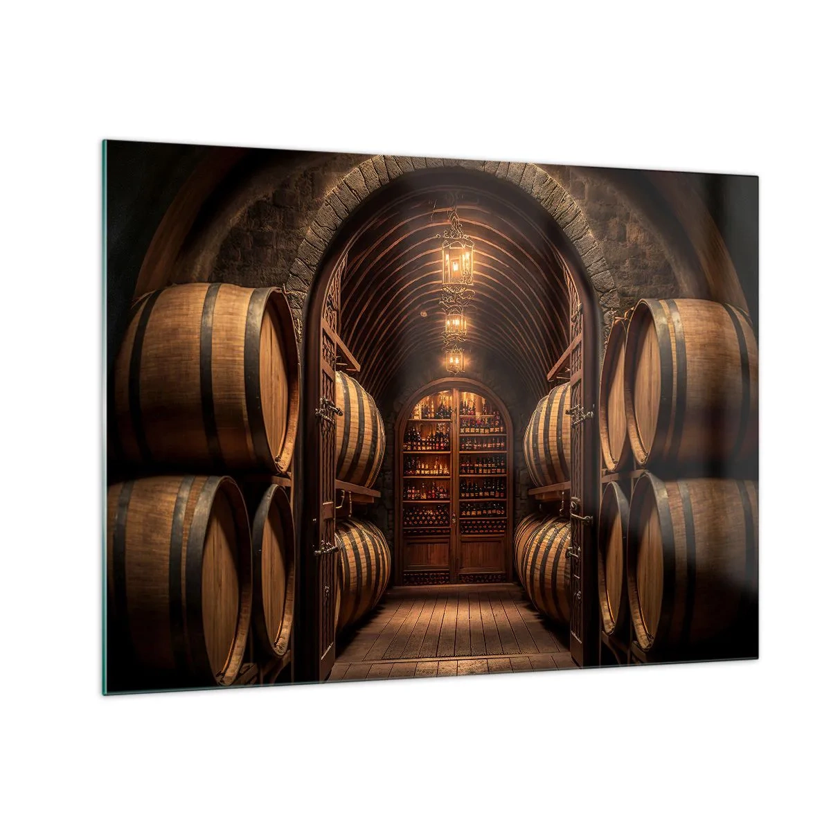 Obraz na skle - Vinice se sudy a osvětleným sklepem plným lahví - 70x50cm - Nádherný sklep - Moderní nástěnná dekorace do obývacího pokoje a ložnice ARTTOR
