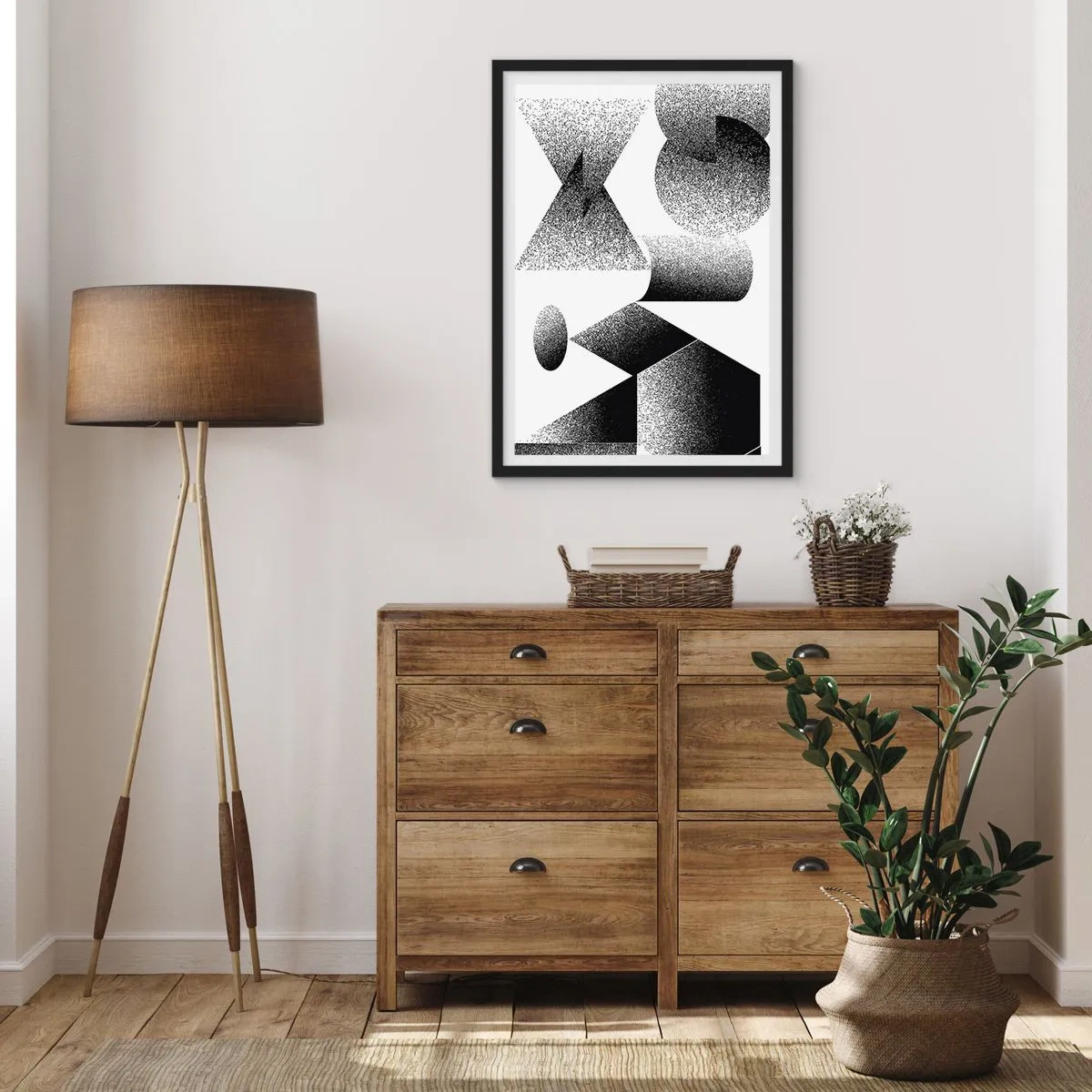Plakát v černém rámu - Abstraktní kompozice geometrických tvarů v černé a bílé - 50x70cm - Úhly a ovály - Moderní nástěnná dekorace do obývacího pokoje a ložnice ARTTOR
