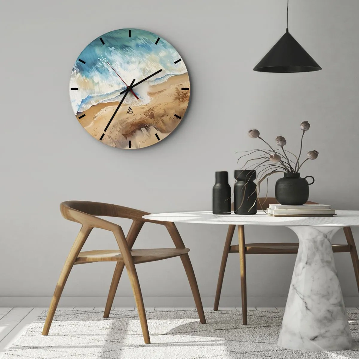 Nástěnné hodiny - Pohled z ptačí perspektivy na malířskou vlnu narážející do písku - 30x30cm - Vlna, která se vrací - Moderní nástěnná dekorace do obývacího pokoje, kuchyně a ložnice ARTTOR
