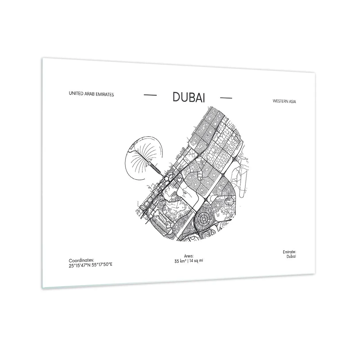 Obraz na skle - Minimalistická mapa Dubaje v černobílém stylu. - 70x50cm - Anatomie Dubaje - Moderní nástěnná dekorace do obývacího pokoje a ložnice ARTTOR