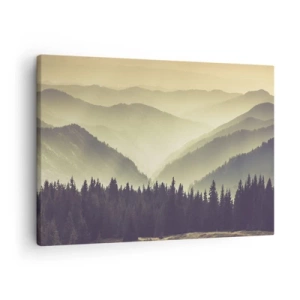 Obraz na plátně - Malebné horské pásma zahalené v mlze v teplém světle - 70x50cm - Za sedmero horami… - Moderní nástěnná dekorace do obývacího pokoje a ložnice ARTTOR