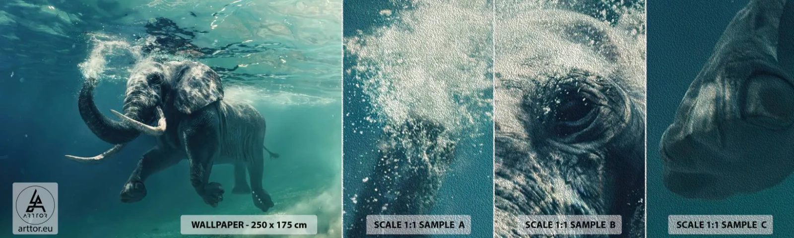 Vzor Fototapety Premium Sand - Všichni rádi plavou - Abstrakce, Slon, Kus - 100x30 cm