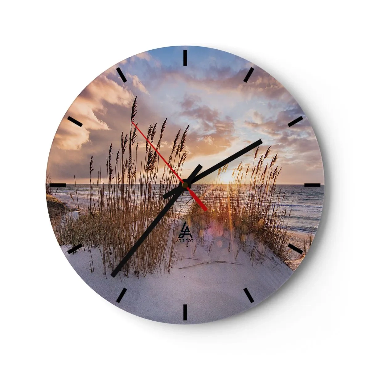 Nástěnné hodiny - Západ slunce nad mořem s pískem a trávou na dunách - 30x30cm - Rozloučení se sluncem a větrem - Moderní nástěnná dekorace do obývacího pokoje, kuchyně a ložnice ARTTOR