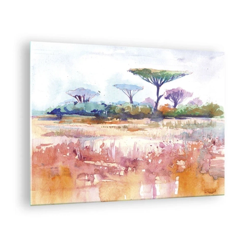 Obraz na skle - Akvarelová savanová krajina se stromy a vegetací - 70x50cm - Barvy savany - Moderní nástěnná dekorace do obývacího pokoje a ložnice ARTTOR