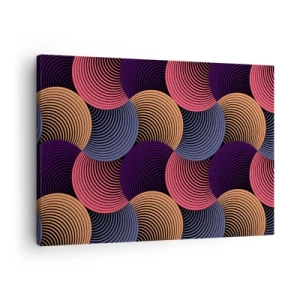 Obraz na plátně - Geometrické kruhy v odstínech růžové, fialové a zlaté - 70x50cm - V kruhovém rytmu - Moderní nástěnná dekorace do obývacího pokoje a ložnice ARTTOR