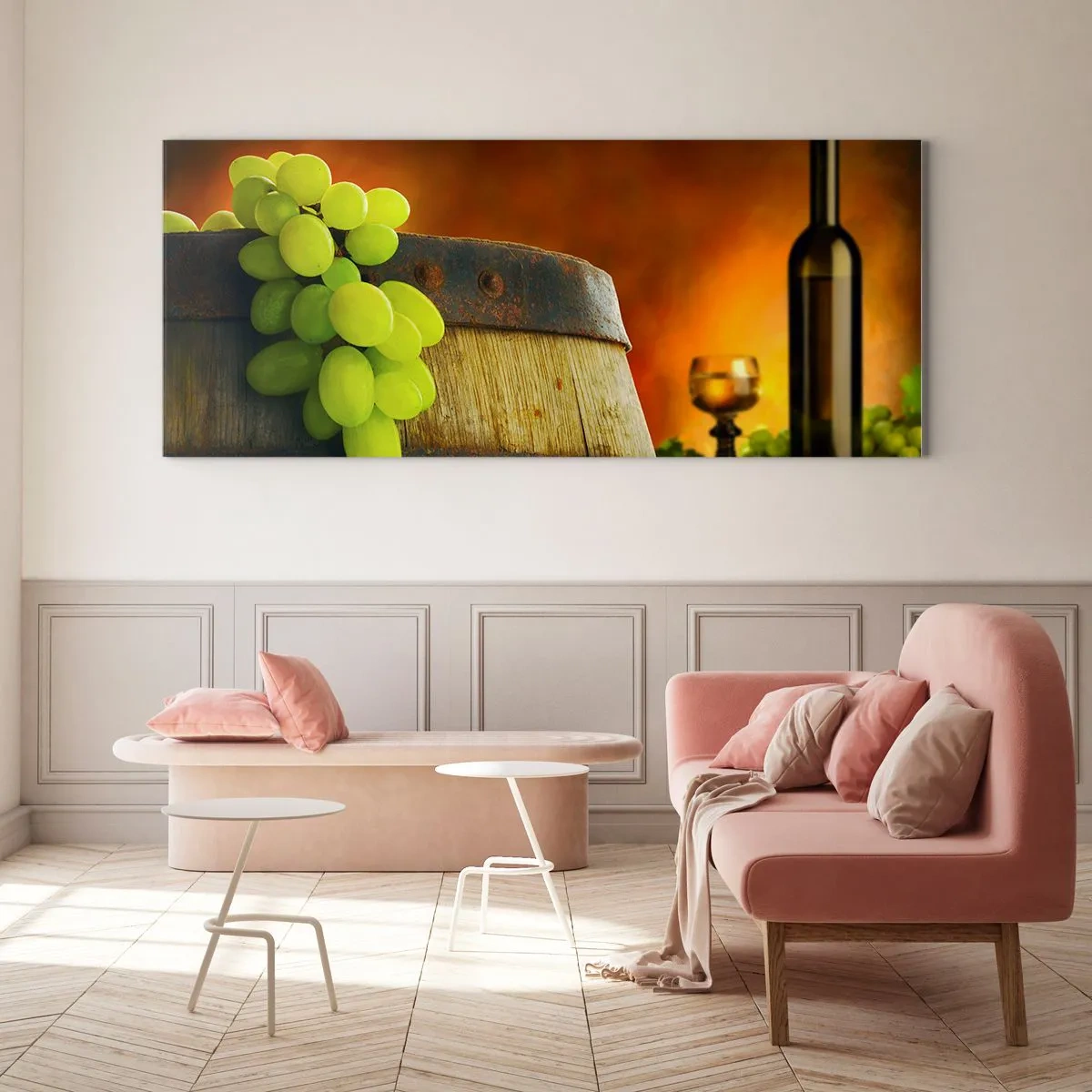 Obraz na skle - Zátiší s lahví vína a hrozny - 100x40 cm
