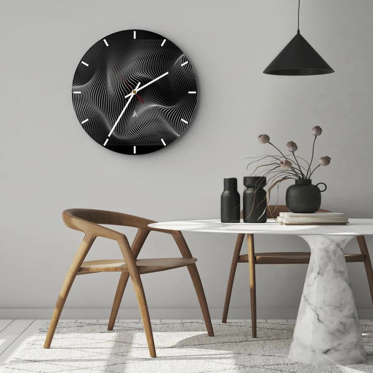 Nástěnné hodiny - Hypnotizující bílé čáry na černém pozadí vytvářející optickou vlnu. - 30x30cm - Tanec světla v prostoru - Moderní nástěnná dekorace do obývacího pokoje, kuchyně a ložnice ARTTOR