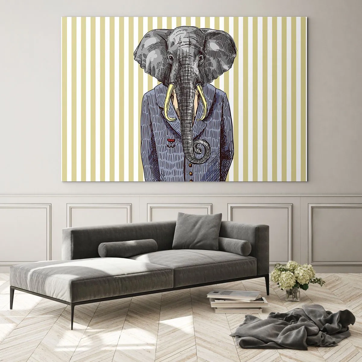 Obraz na skle - Slon v obleku na pozadí žlutých pruhů - 70x50cm - Elegantní od přírody - Moderní nástěnná dekorace do obývacího pokoje a ložnice ARTTOR