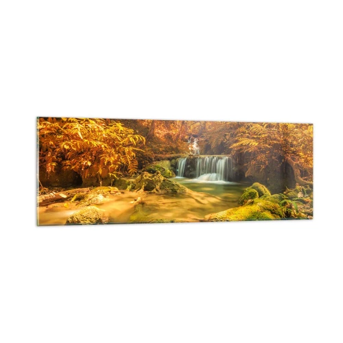 Obraz na skle - Lesní vodopád ve zlaté - 90x30 cm