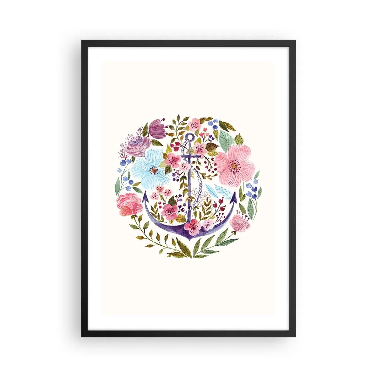 Plakát v černém rámu - Akvarelová kotva obklopená květinami na světlém pozadí. - 50x70cm - Námořníkův hezký sen - Moderní nástěnná dekorace do obývacího pokoje a ložnice ARTTOR