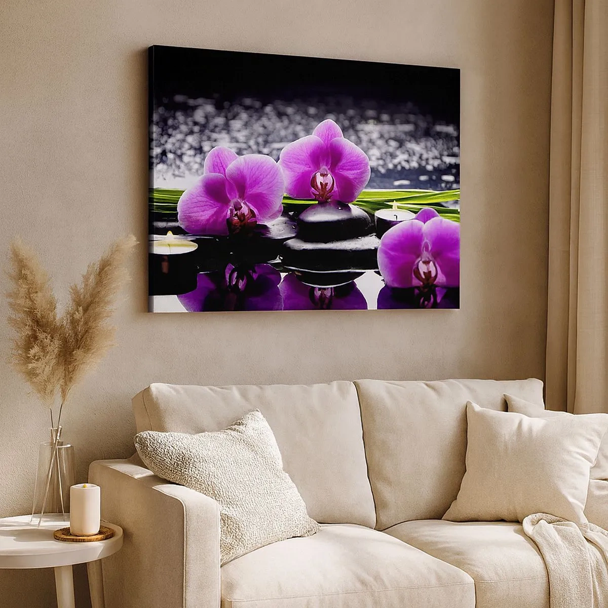 Obraz na plátně - Fialové orchideje na pozadí kamenů a svíček v relaxačním prostředí - 70x50cm - Utonout v tichu a klidu - Moderní nástěnná dekorace do obývacího pokoje a ložnice ARTTOR